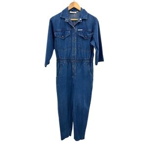 VTG IDEAS Denim Utility Jumpsuit Medium Blue Jean Boiler Suit 3/4 Sleeve 80s 90s